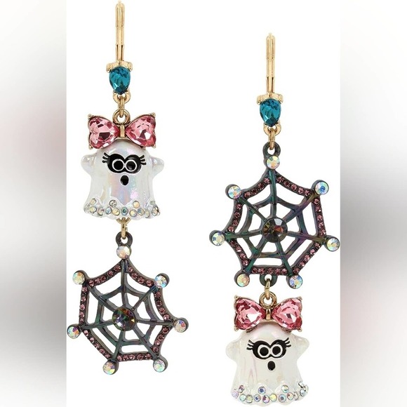 Betsey Johnson Ghost & Spider Web Drop Mismatch Earrings new!! - Picture 2 of 6